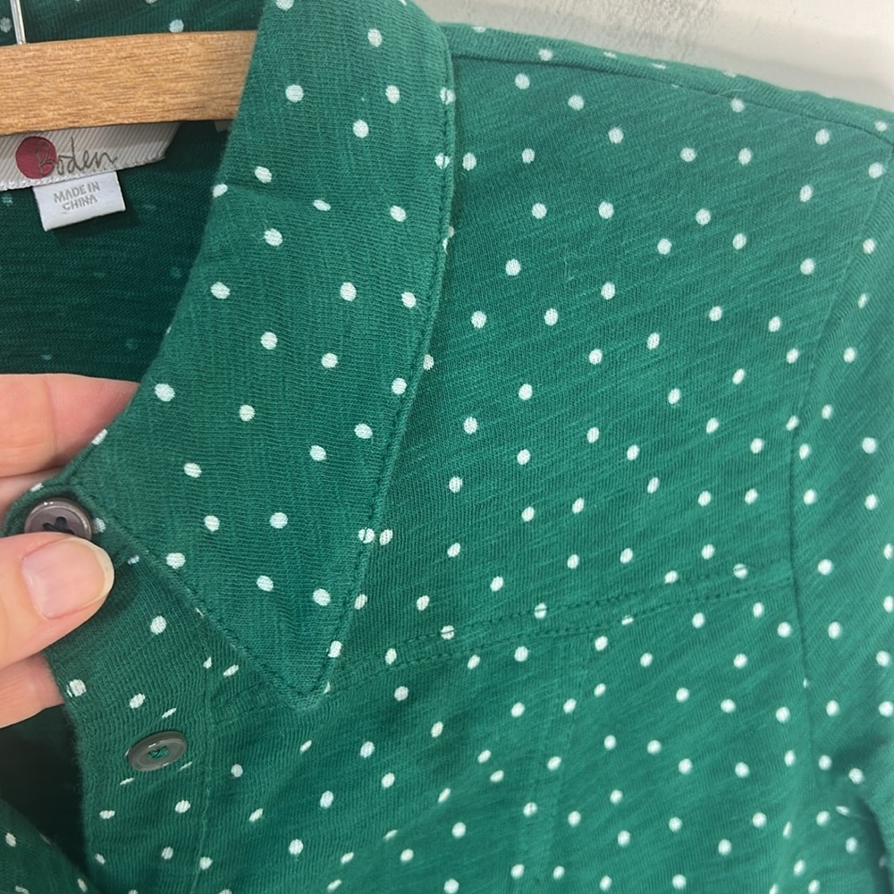 BODEN Tara Jersey Button Down Collared Shirt Green Polka Dot Size 2 Petite - Picture 4 of 12
